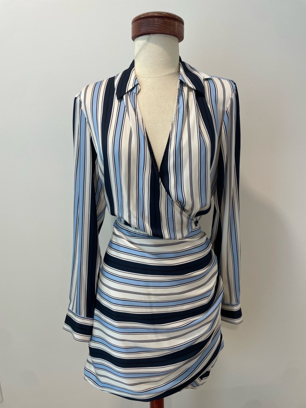 Veronica Beard Navy, Light Blue and White Striped Wrap Dress